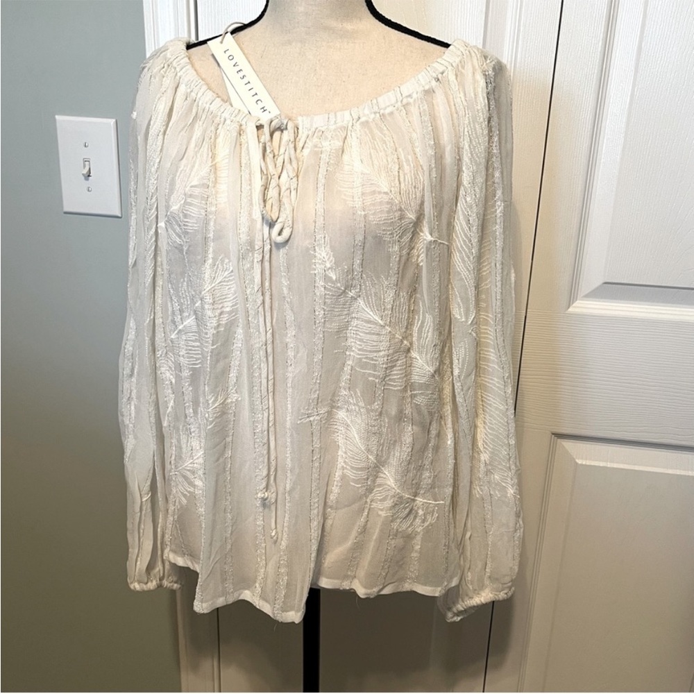 LoveStitch Boho Metallic Sheer Small White Cream Long Sleeve Blouse Top Leaf NEW